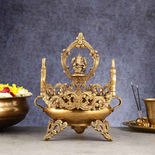 Handcrafted Brass Traditional Ganapati Urli Bowl with Elephants - 12-inch