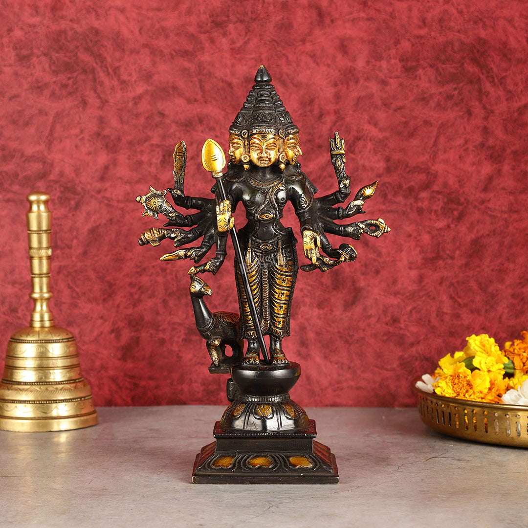 Pure Brass Shanmukha Murugan Idol with Six Heads 10.5 inch