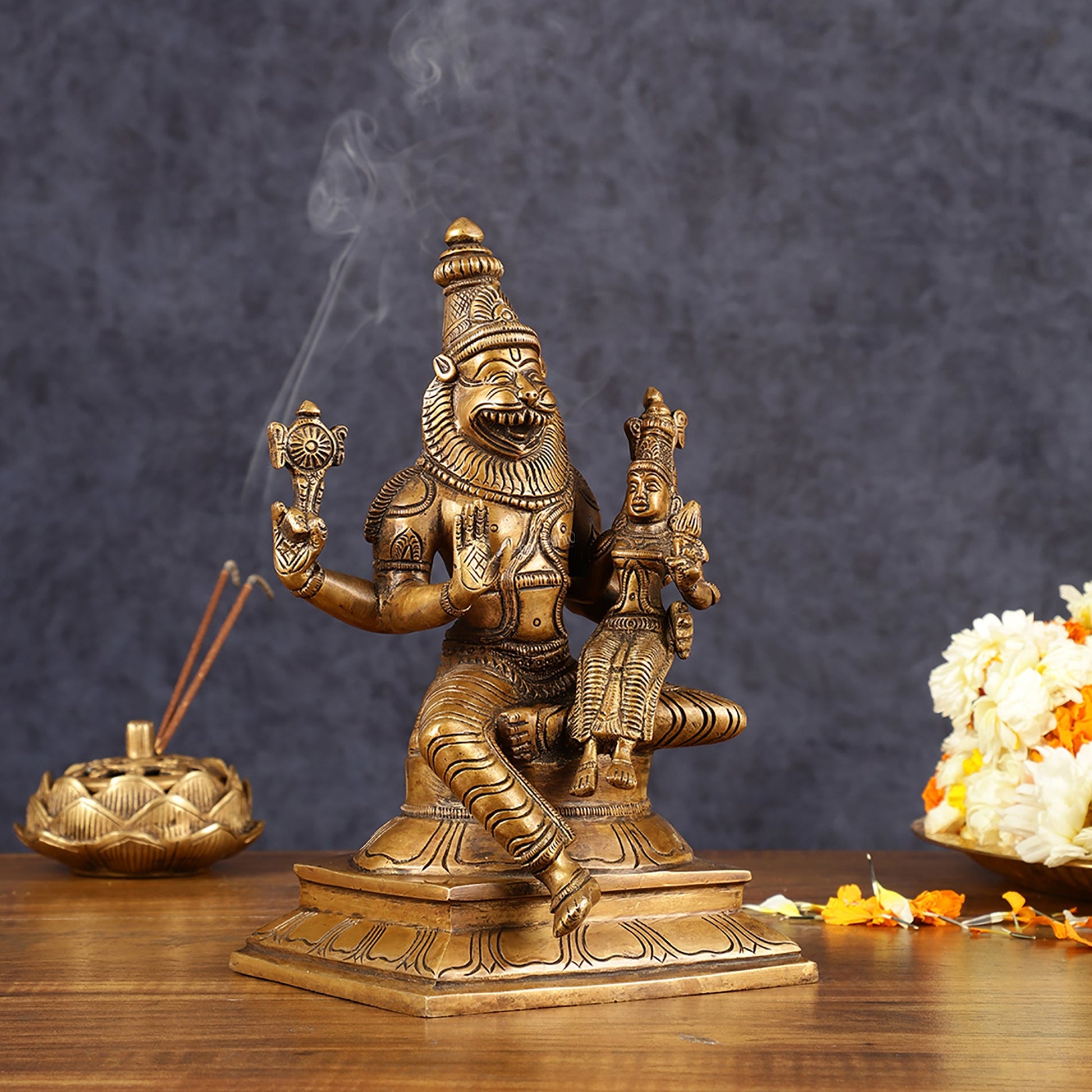 Antique Pure Brass Lord Narasimha with Goddess Lakshmi Statue | Height: 9 inch