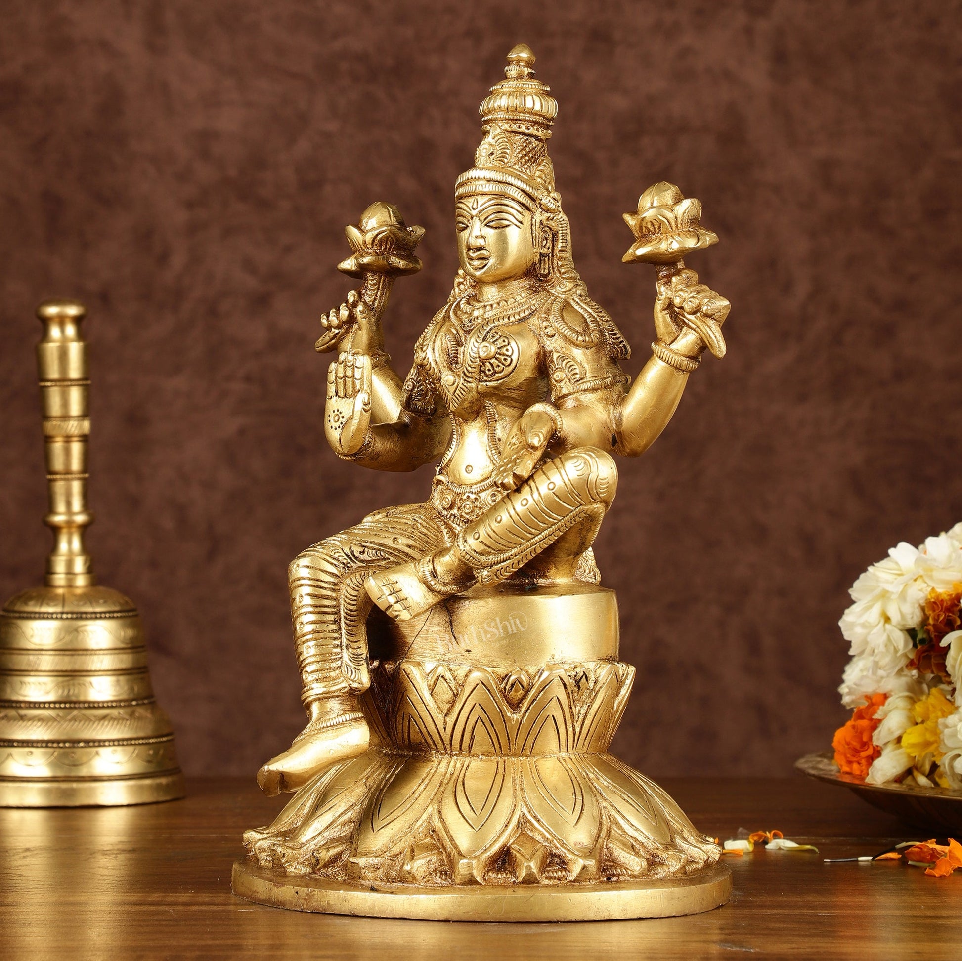 Brass Superfine Kamal Lakshmi Idol | Lotus Lakshmi Murti | Height: 10 inch