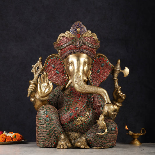 Large 18" Brass Ganesha Statue with Meenakari