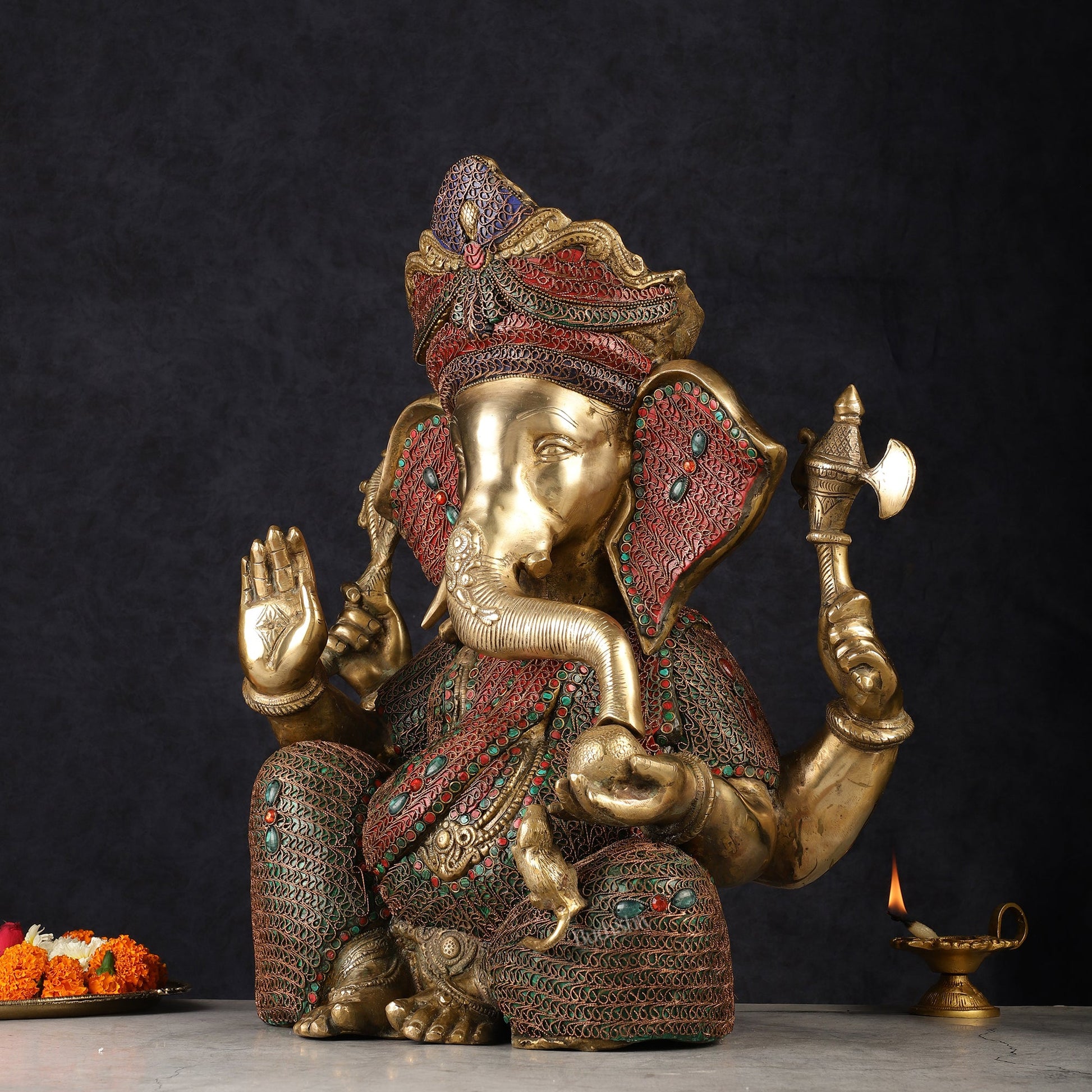 Large 18" Brass Ganesha Statue with Meenakari