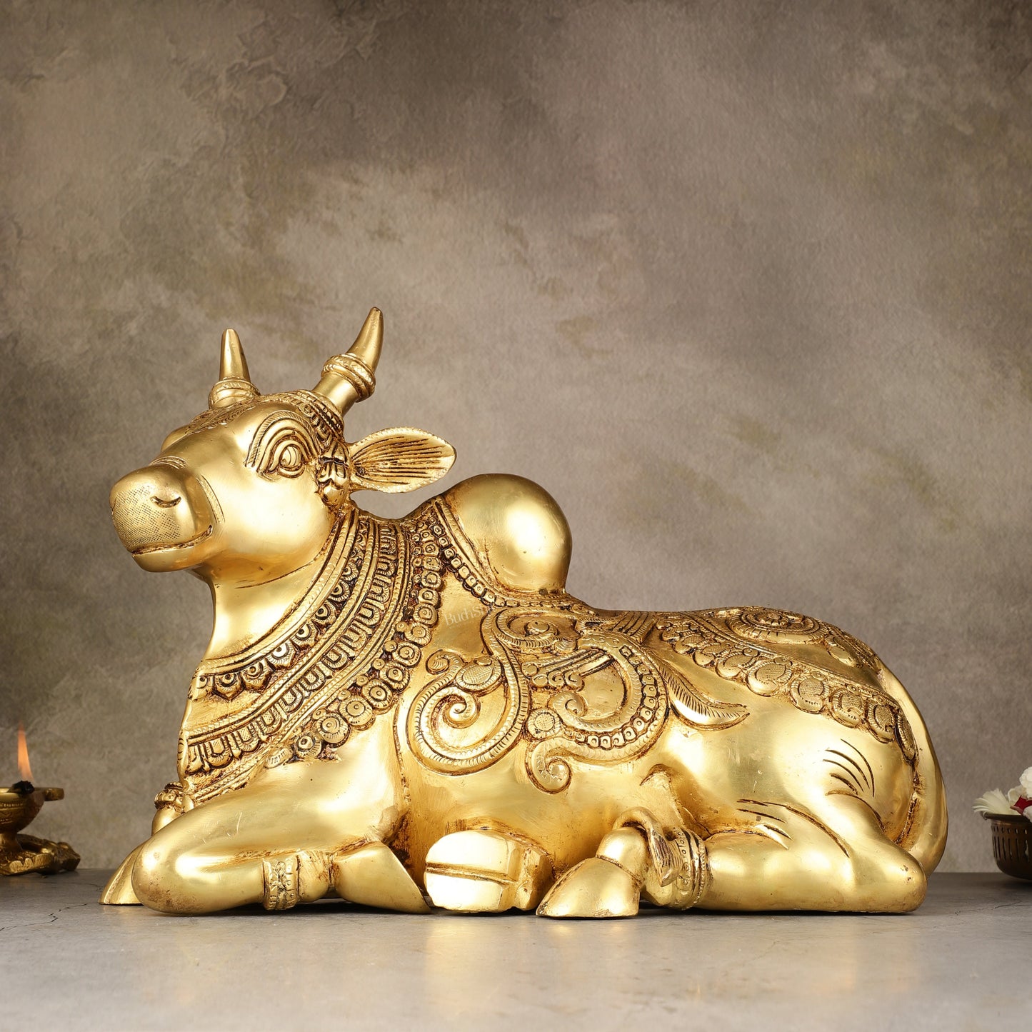 Superfine Brass Sitting Nandi Statue - 13" | Right Leg Raised