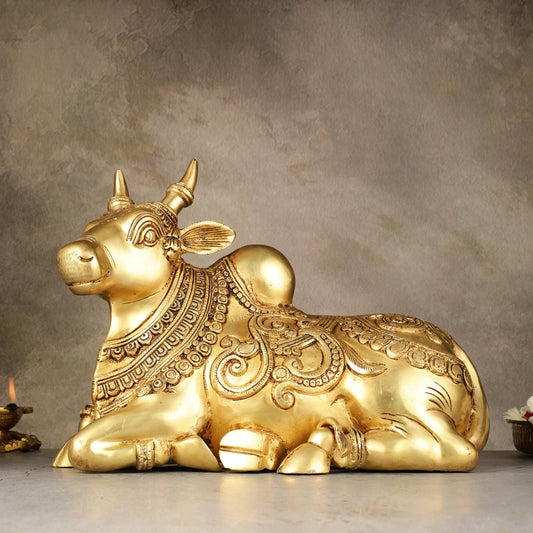 Superfine Brass Sitting Nandi Statue - 13" | Right Leg Raised