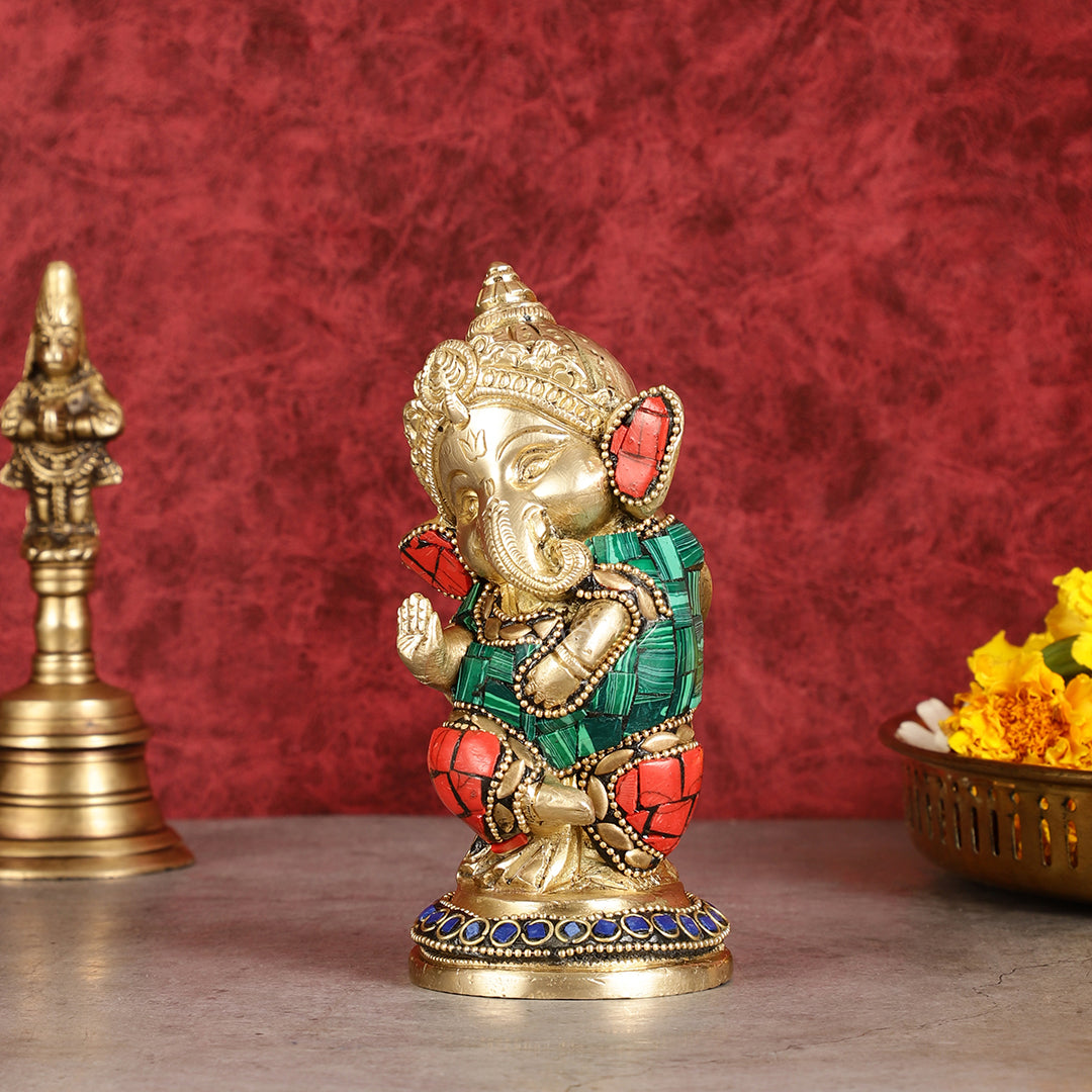 Baby Ganesha Aashirwaad Brass Idol - Perfect for Office Desk, Study Table, Temple - stonework