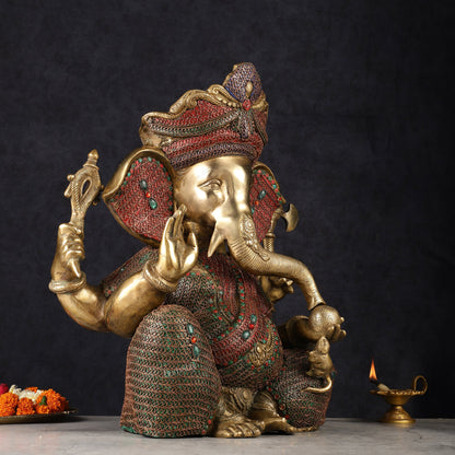 Large 18" Brass Ganesha Statue with Meenakari