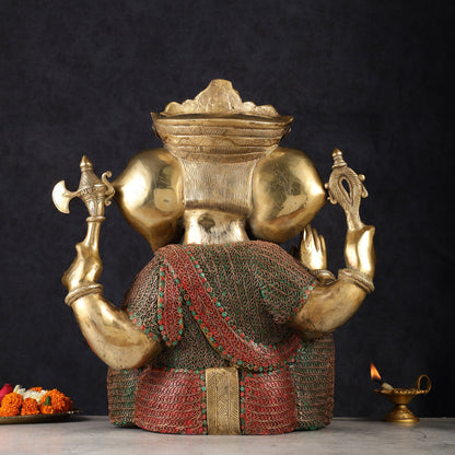 Large 18" Brass Ganesha Statue with Meenakari