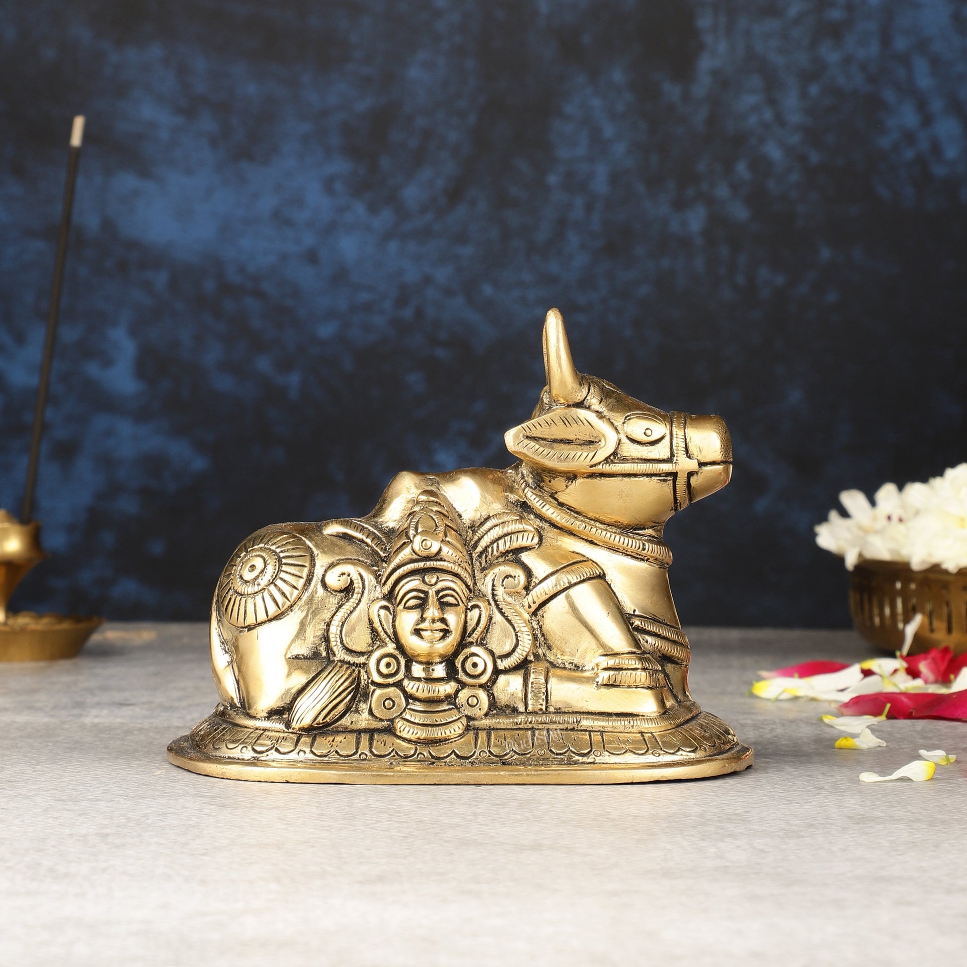 Pure Brass Nandi Idol with Shiv Gauri Carving 6"