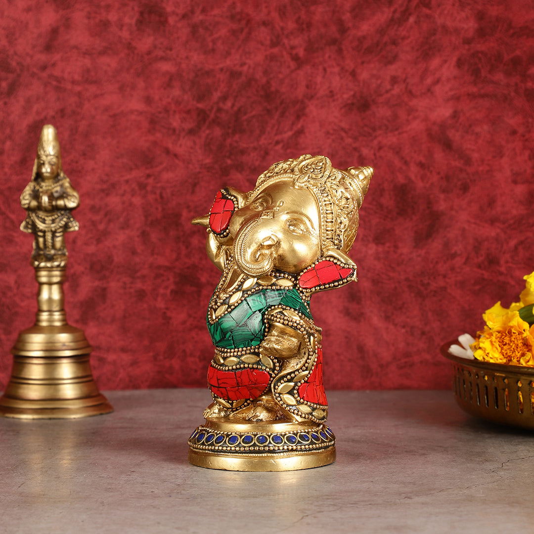 Baby Ganesha Dancing Brass Idol 5" Perfect for Office Desk, Study Table, Temple - stonework