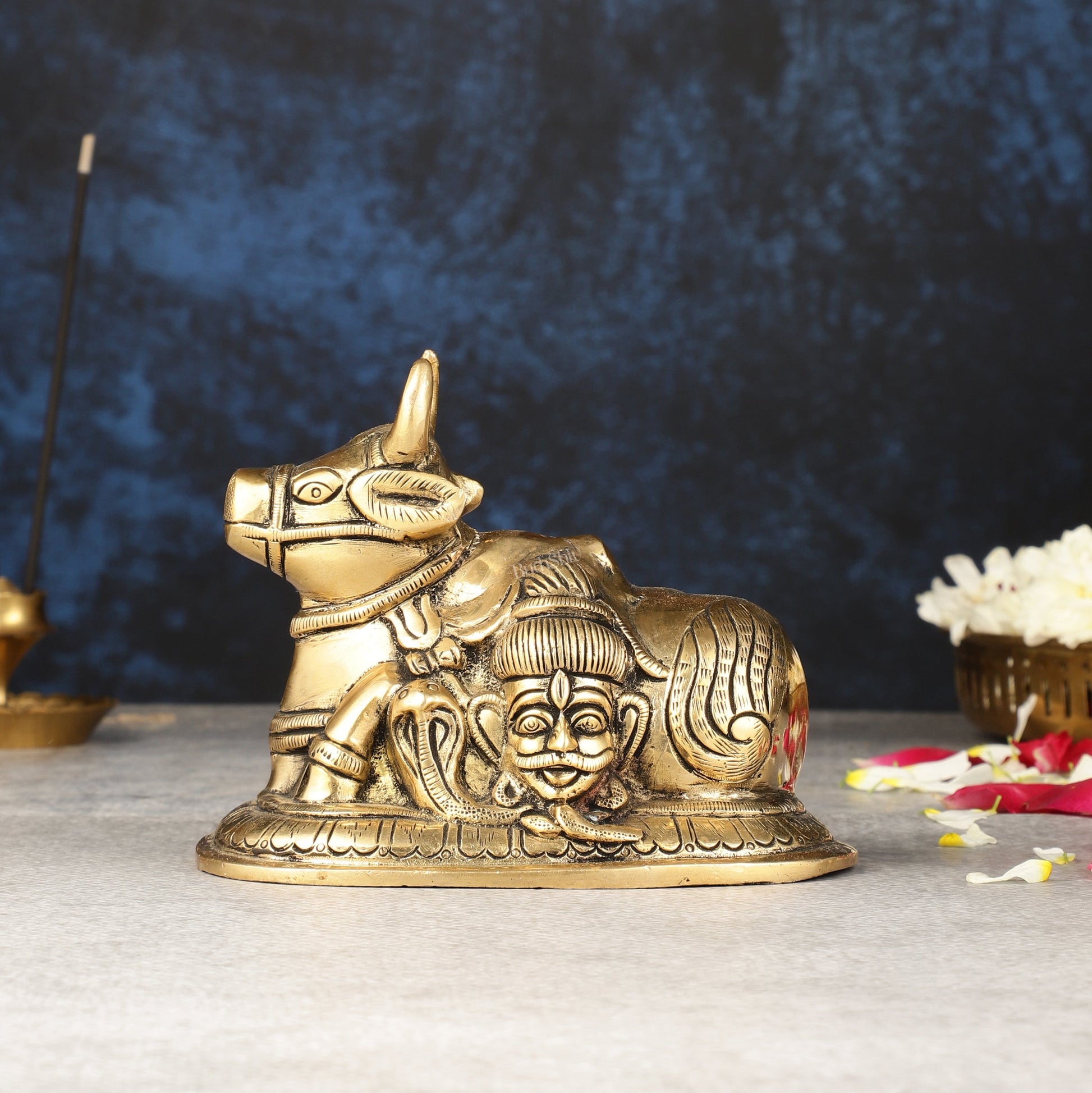 Pure Brass Nandi Idol with Shiv Gauri Carving 6"