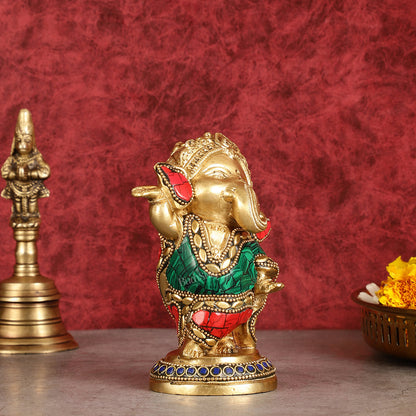 Baby Ganesha Dancing Brass Idol 5" Perfect for Office Desk, Study Table, Temple - stonework
