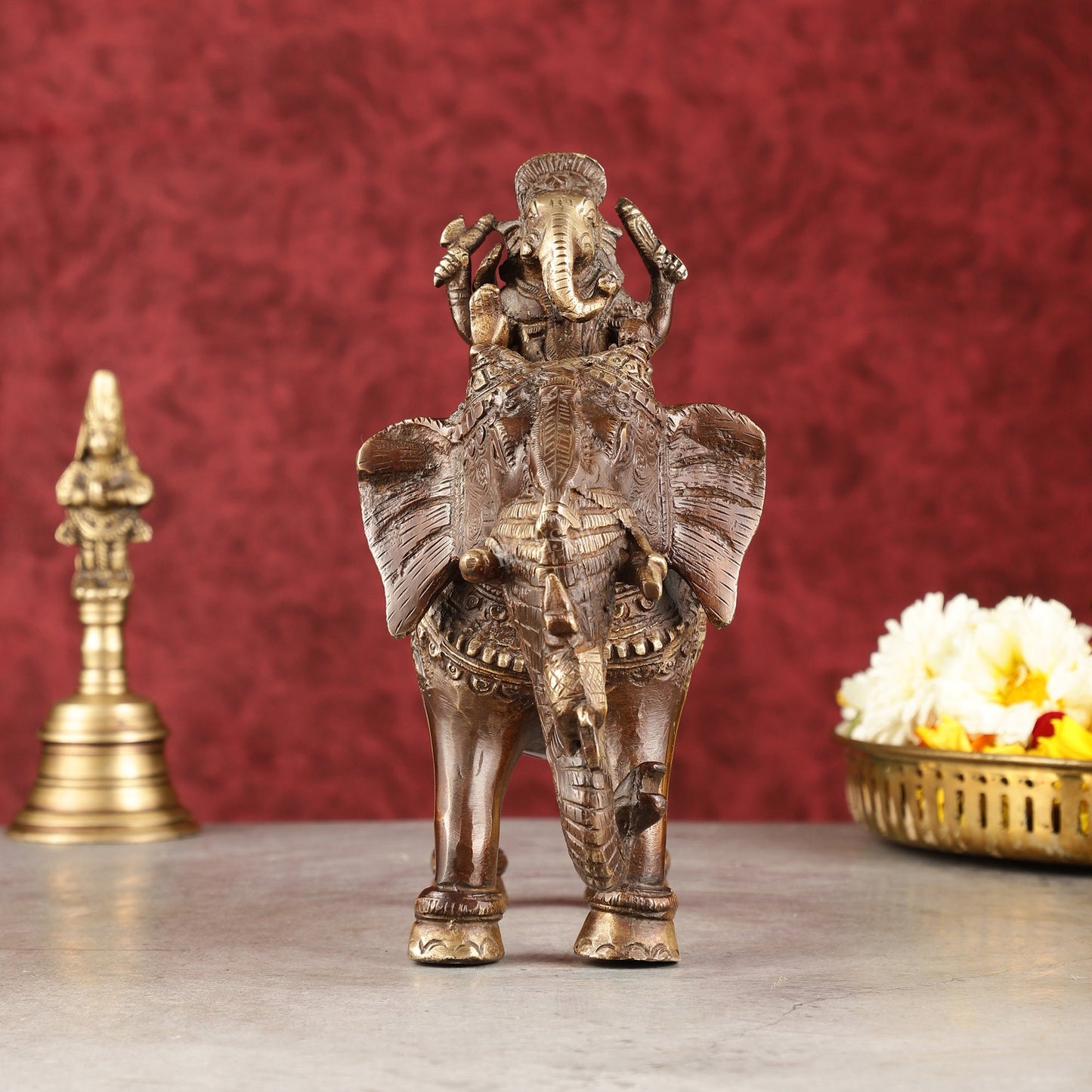 Pure Brass Handcrafted Ganesha with Riddhi Siddhi on Elephant Statue - 7.5" antique brown