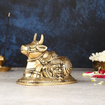 Pure Brass Nandi Idol with Shiv Gauri Carving 6"