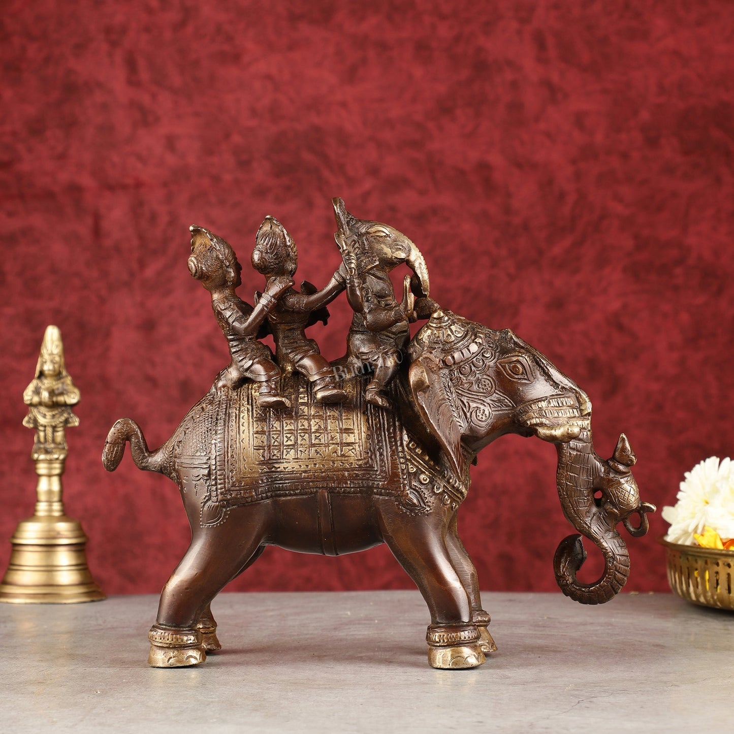 Pure Brass Handcrafted Ganesha with Riddhi Siddhi on Elephant Statue - 7.5" antique brown