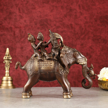 Pure Brass Handcrafted Ganesha with Riddhi Siddhi on Elephant Statue - 7.5" antique brown