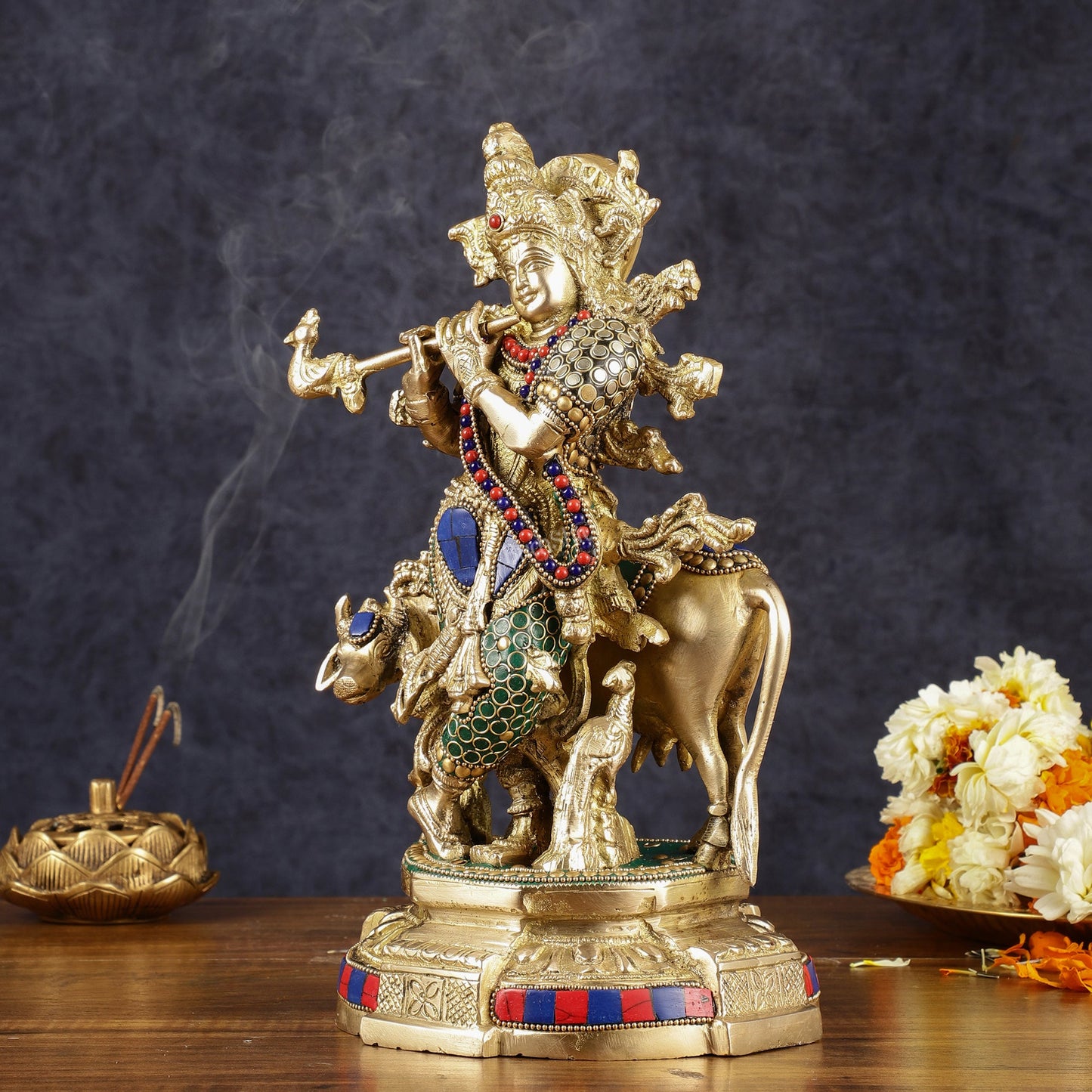 Multicolored Brass Krishna with Cow Idol | 12" with stonework
