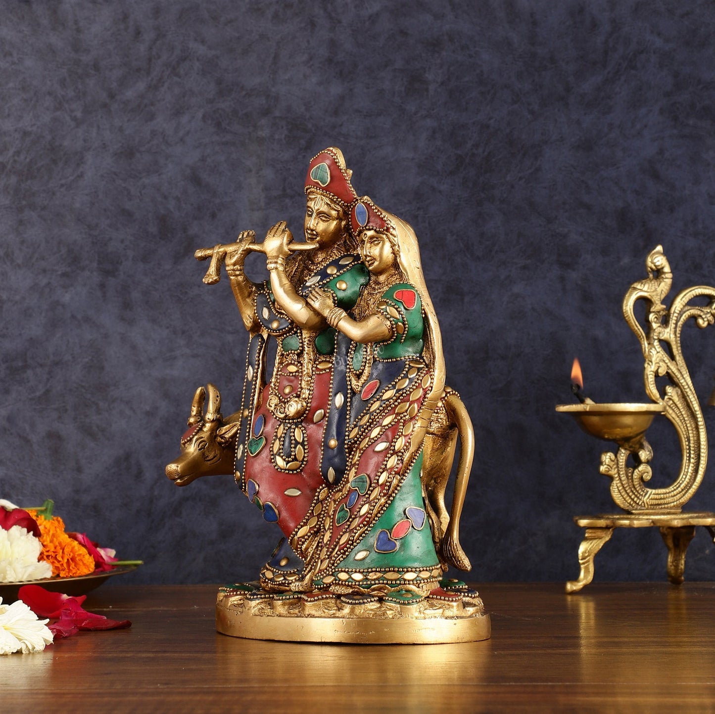 Brass Radha krishna with cow idol with meenakari 10.5"