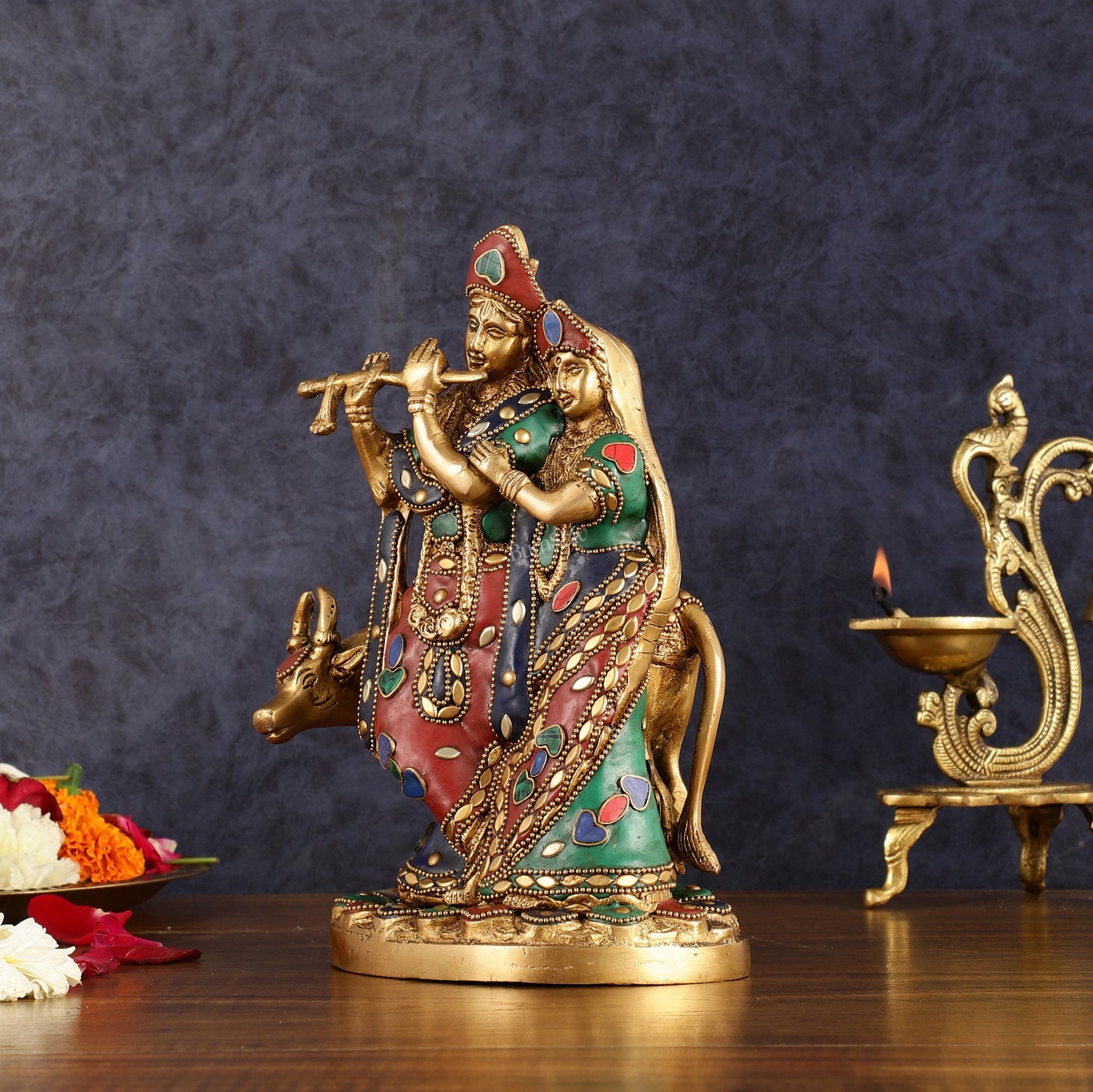 Brass Radha krishna with cow idol with meenakari 10.5"