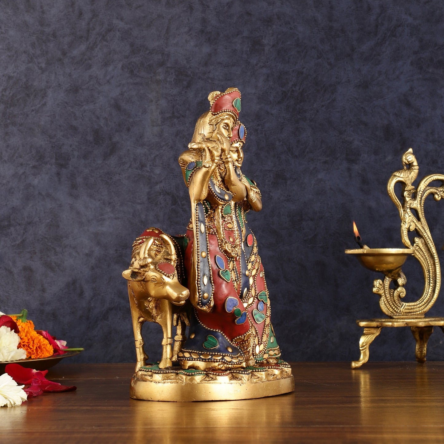 Brass Radha krishna with cow idol with meenakari 10.5"