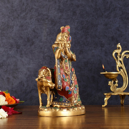 Brass Radha krishna with cow idol with meenakari 10.5"