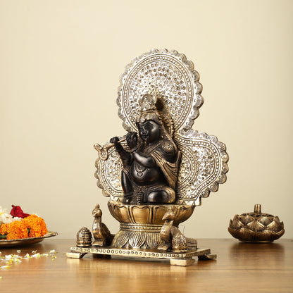 Pure Brass Baal Krishna with Peacocks Idol 11 inch