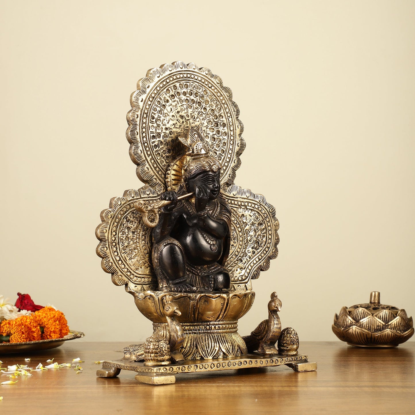 Pure Brass Baal Krishna with Peacocks Idol 11 inch