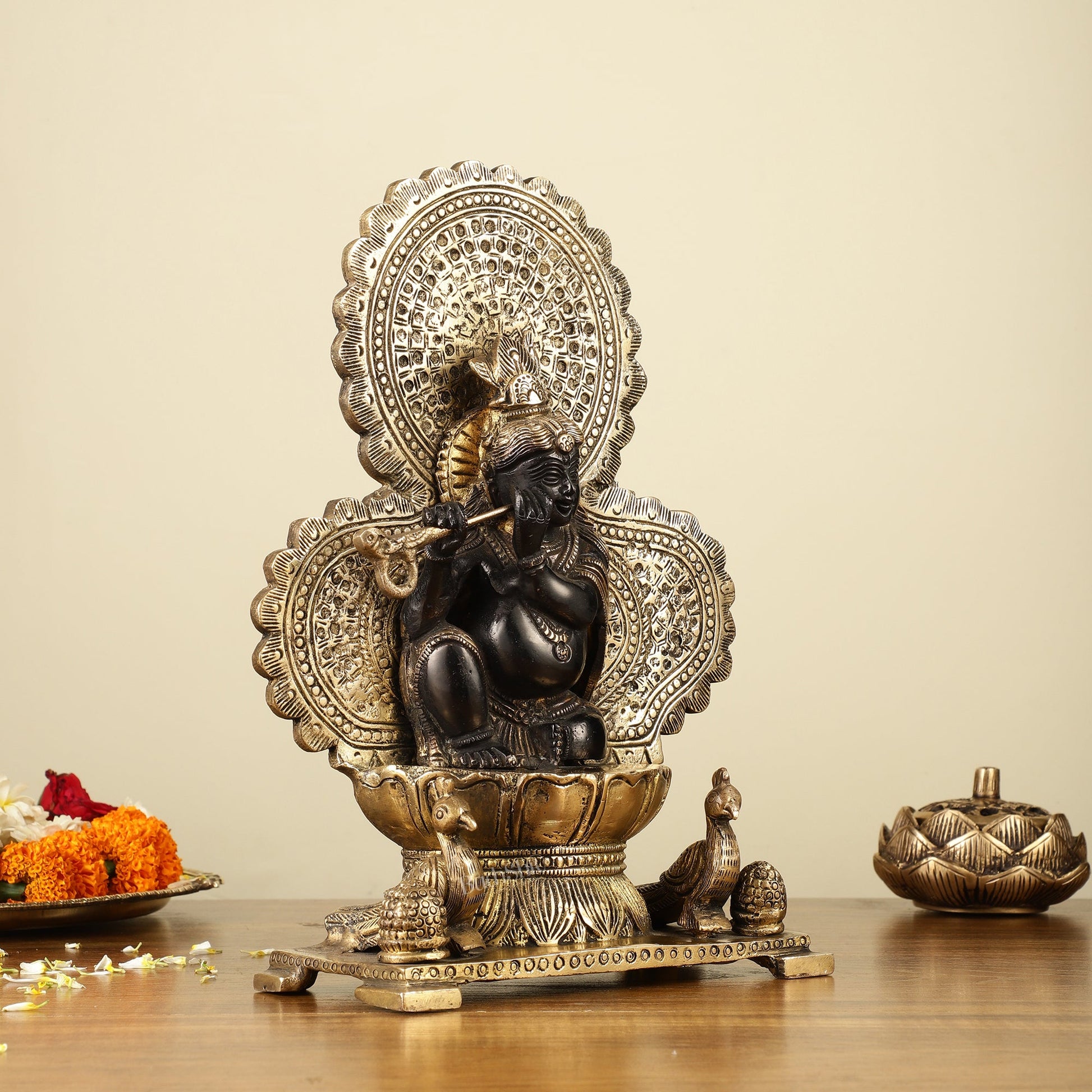 Pure Brass Baal Krishna with Peacocks Idol 11 inch