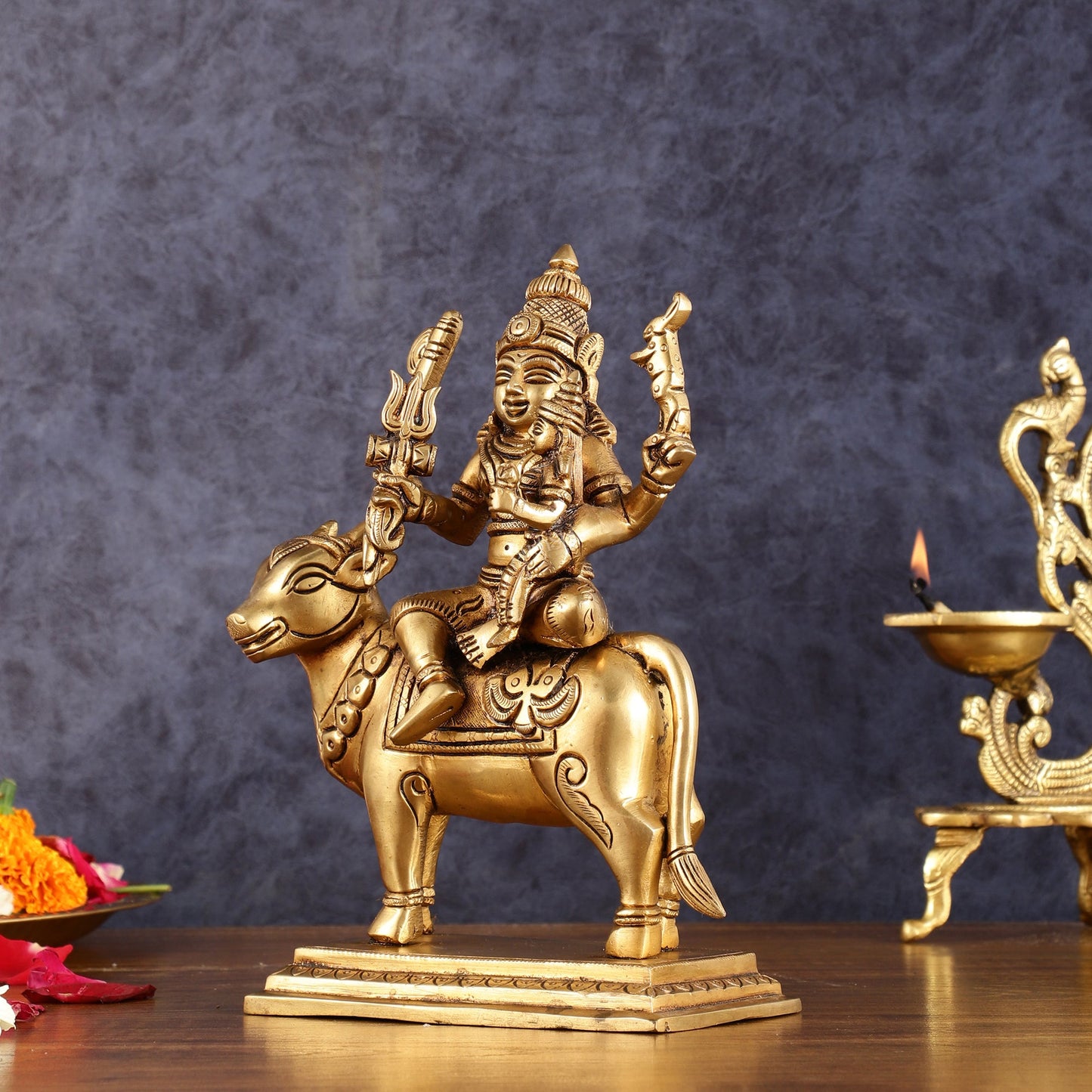 Brass Shiv Parvati Seated on Nandi | Pradosh - 8.5 Inch