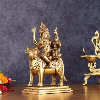 Brass Shiv Parvati Seated on Nandi | Pradosh - 8.5 Inch