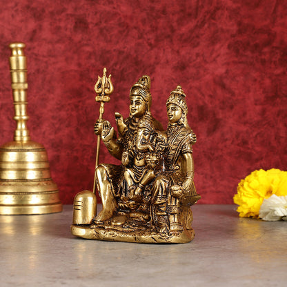 Pure brass superfine Lord Shiva, Parvati and Ganesha idol 5.5"