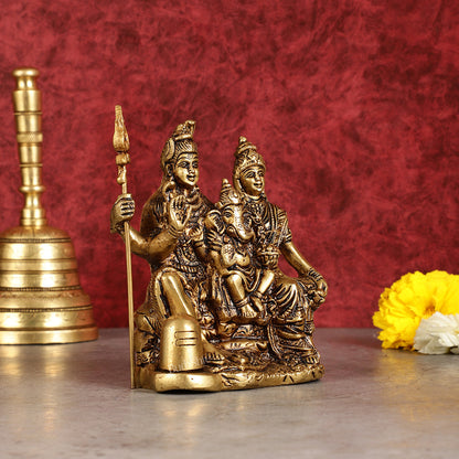 Pure brass superfine Lord Shiva, Parvati and Ganesha idol 5.5"