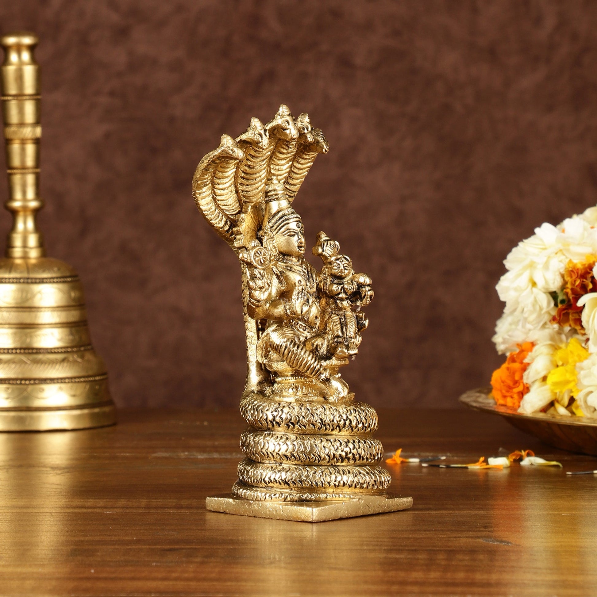 Pure Brass Seated Vishnu Lakshmi with Sheshanaaga Idol | Height: 5.5 inch