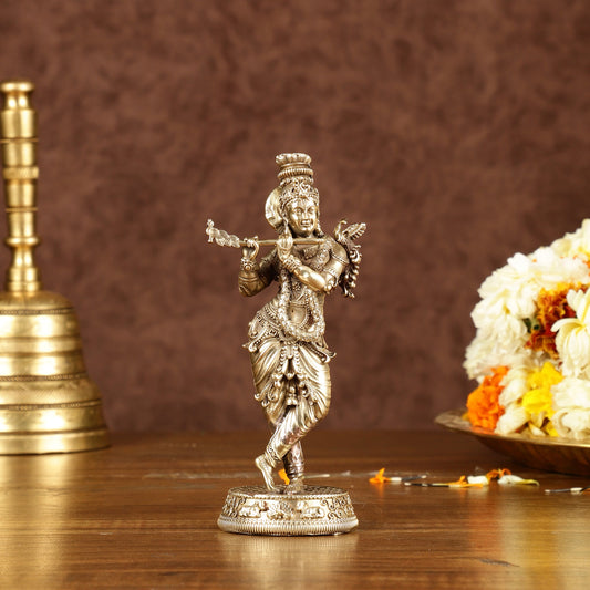 Brass Handcrafted Lord Krishna Idol with Fine Carvings | Height: 5.5 inch