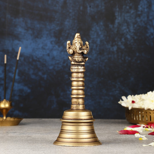 Antique Brass Ganapati Hand Bell for Pooja | Height 6 inch