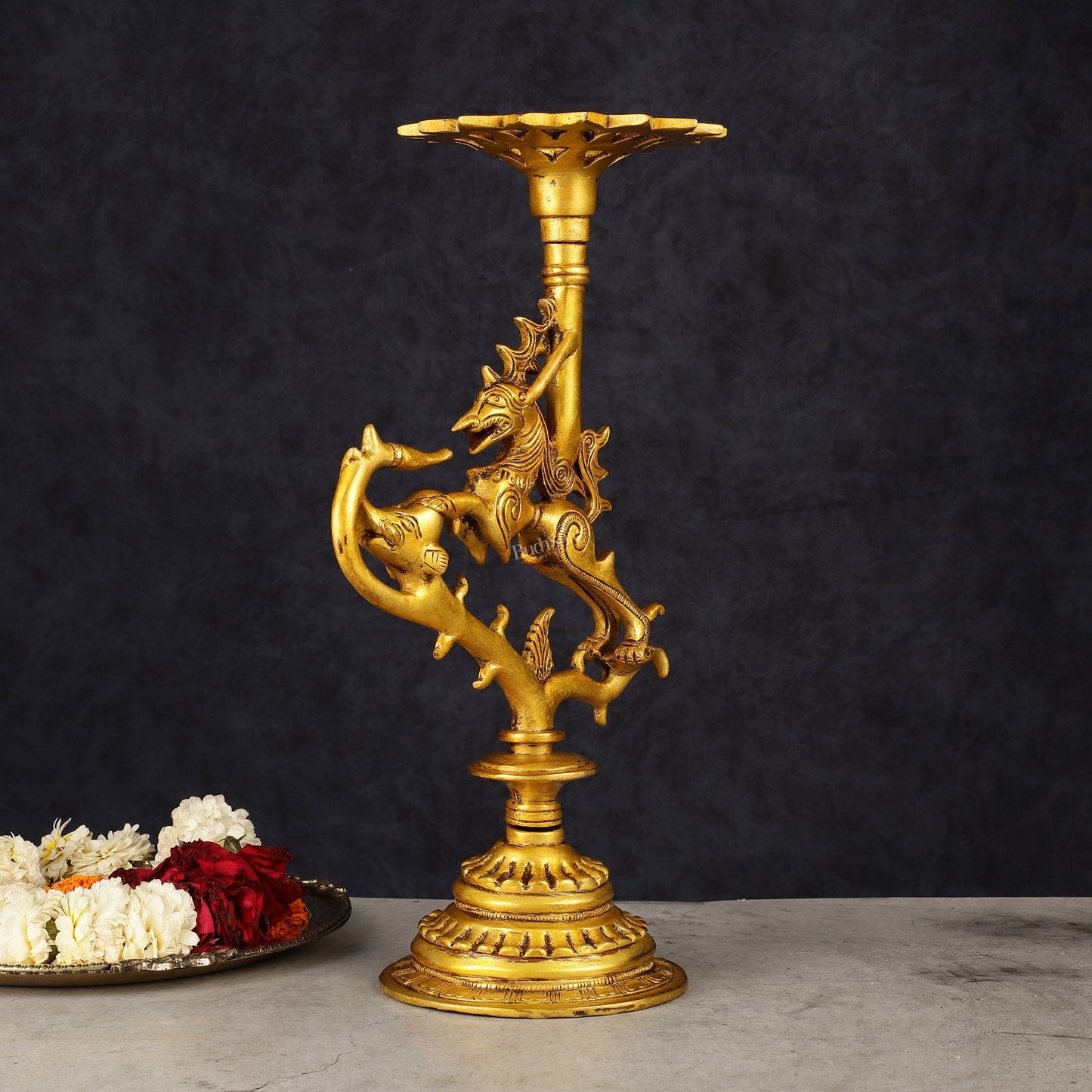 Pure Brass Yali Candle Holder 9"