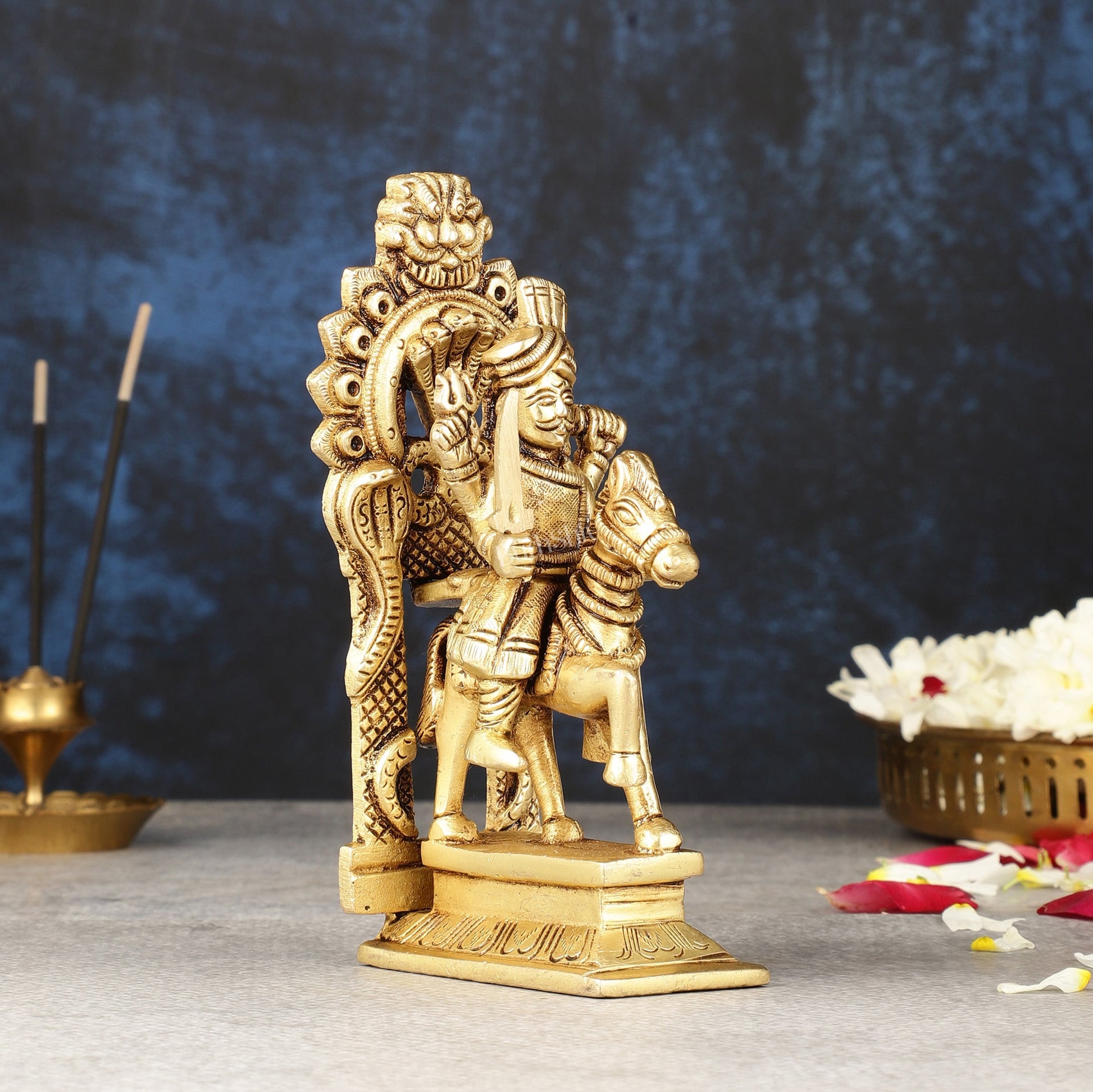 Martanda Bhairava Pure Brass Khandoba on Horse with Arch Idol | 6"