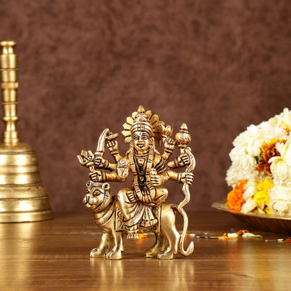 Brass superfine goddess Durga on lion sherawali mata small idol 5"