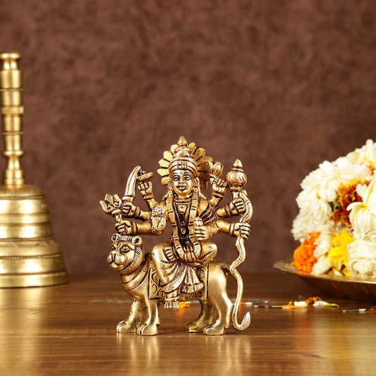 Brass superfine goddess Durga on lion sherawali mata small idol 5"