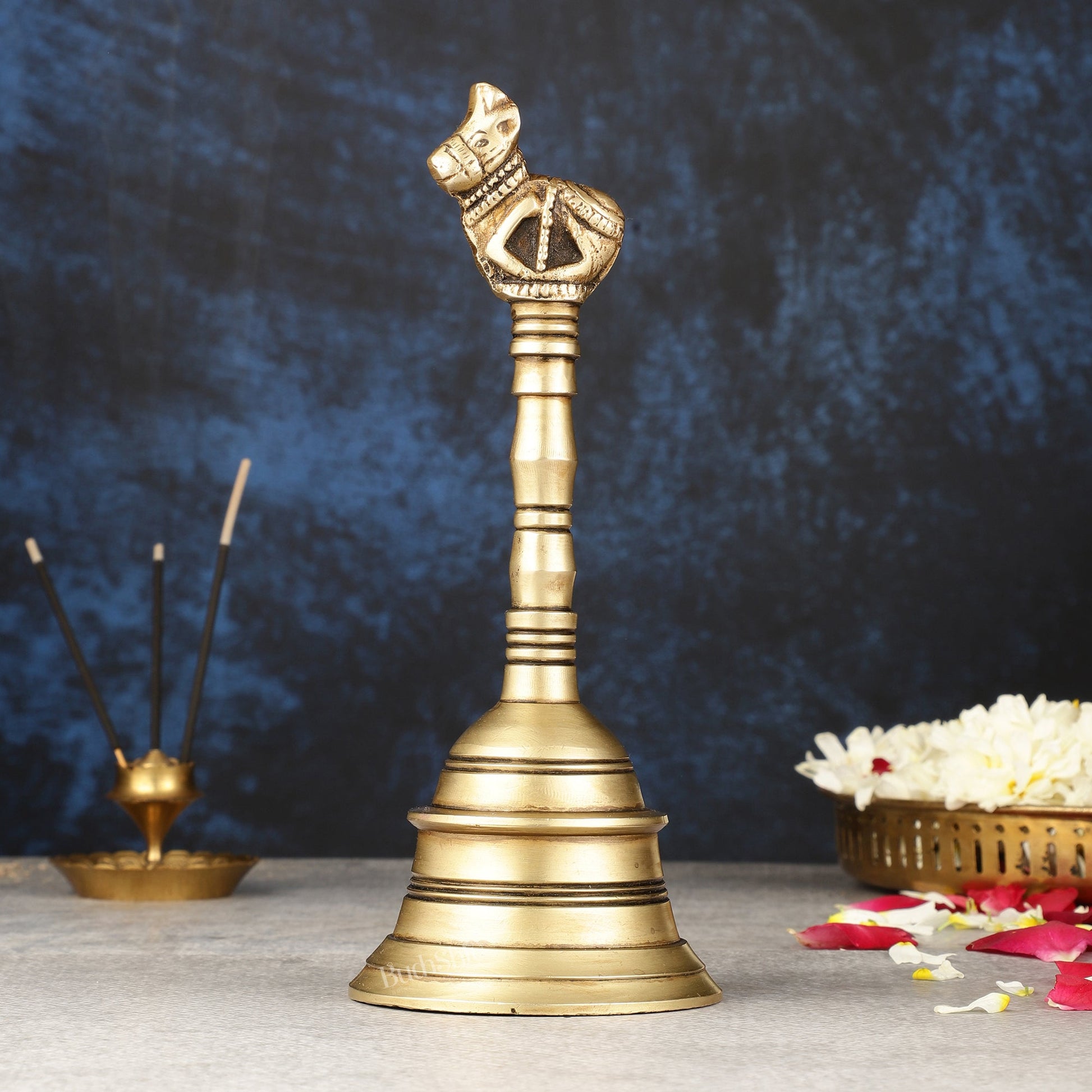 Antique Pure Brass Nandi Hand Bell for Pooja | Height 8.25 inch
