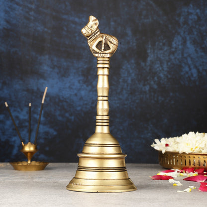 Antique Pure Brass Nandi Hand Bell for Pooja | Height 8.25 inch