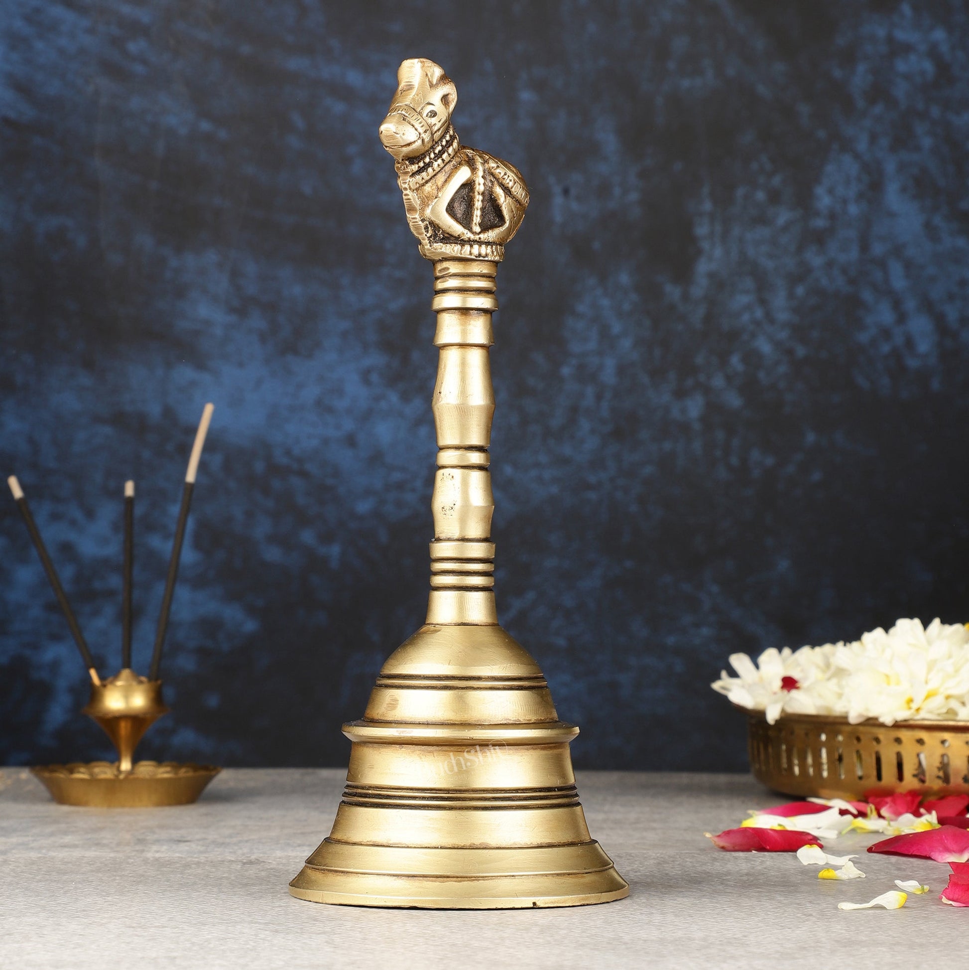 Antique Pure Brass Nandi Hand Bell for Pooja | Height 8.25 inch