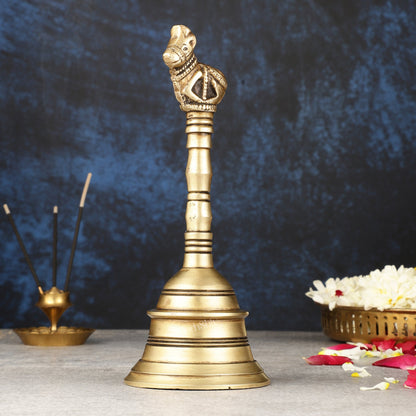 Antique Pure Brass Nandi Hand Bell for Pooja | Height 8.25 inch