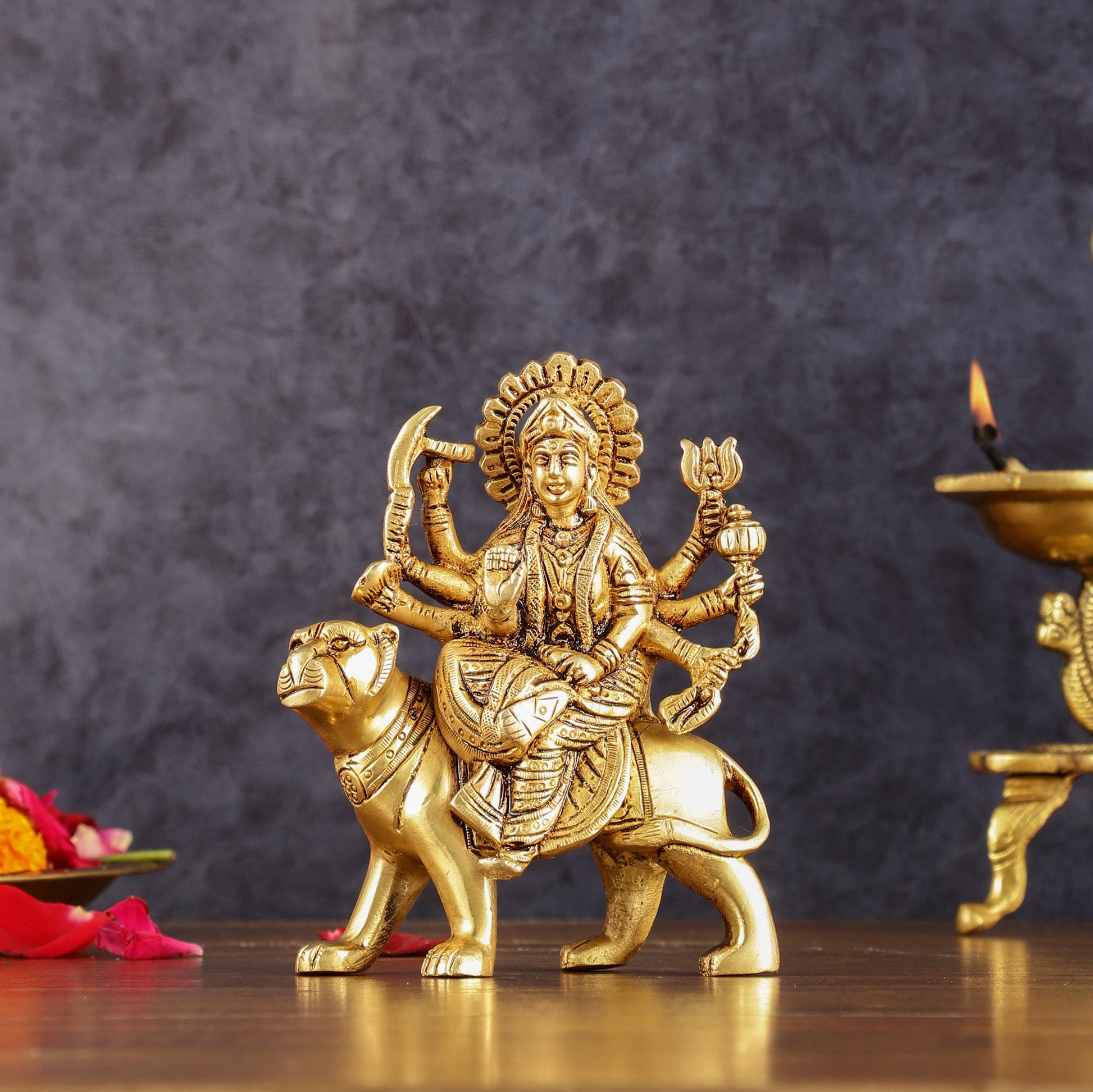 Brass Goddess Durga Seated on Tiger Idol - 5 Inch