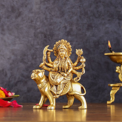 Brass Goddess Durga Seated on Tiger Idol - 5 Inch