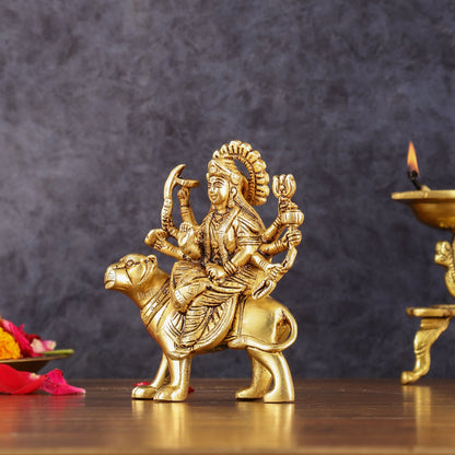 Brass Goddess Durga Seated on Tiger Idol - 5 Inch