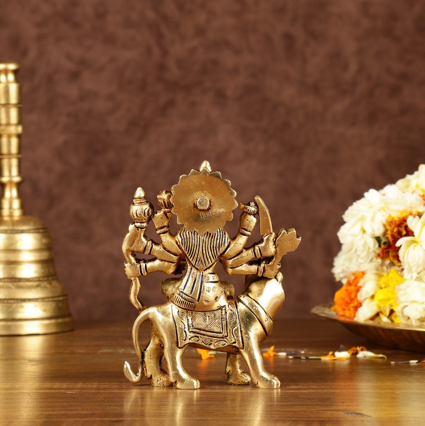 Brass superfine goddess Durga on lion sherawali mata small idol 5"