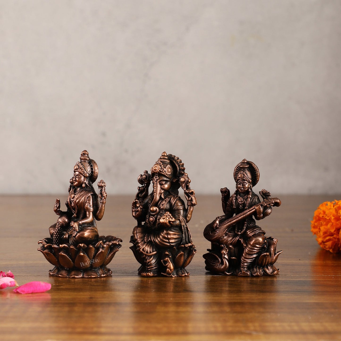 Set of Three Pure Copper Idols - Ganesha, Lakshmi, Saraswati | 3 Inch