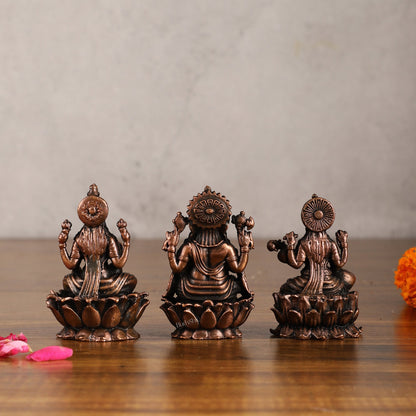 Set of Three Pure Copper Idols - Ganesha, Lakshmi, Saraswati | 3 Inch
