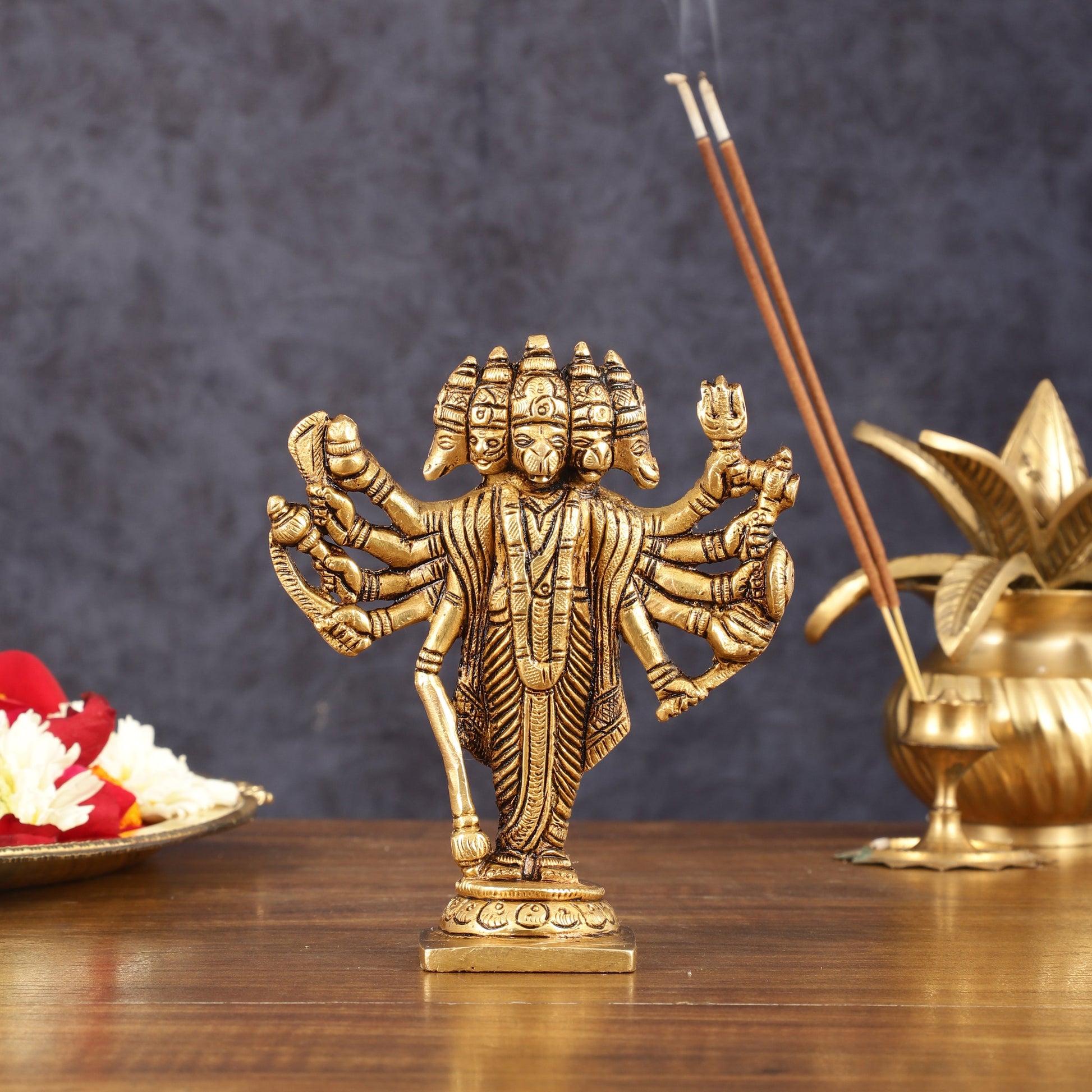 Pure Brass Small Standing Panchmukhi Hanuman Idol - 5.5" Height