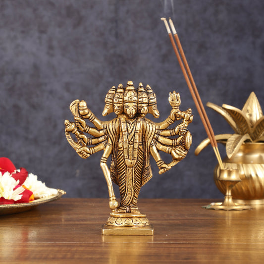 Pure Brass Small Standing Panchmukhi Hanuman Idol - 5.5" Height